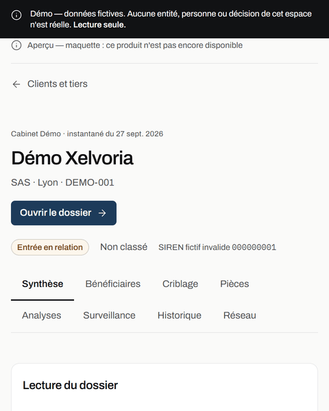 Fiche du client fictif « Démo Xelvoria » dans la démonstration RiskSonnar, avec des bénéficiaires divergents à rapprocher et la mention données fictives.