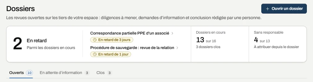 L’écran «&nbsp;Dossiers&nbsp;»&nbsp;: les dossiers en retard, puis chaque dossier ouvert avec son statut, sa priorité, son échéance, son responsable et ses diligences traitées.