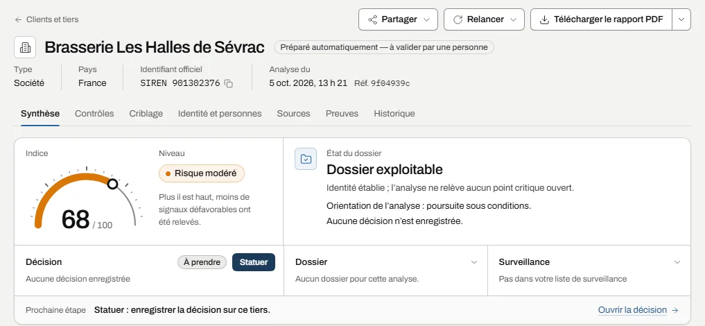 La fiche d’analyse d’une société&nbsp;: son indice sur 100 et son niveau de risque, l’état du dossier, la décision à prendre et la prochaine étape.