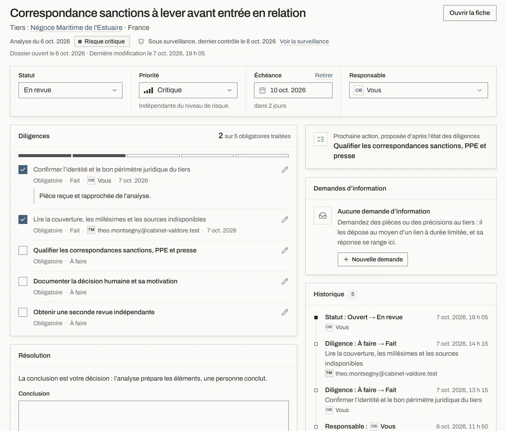 Écran de l’application : Dossiers, un dossier ouvert. Données de démonstration.