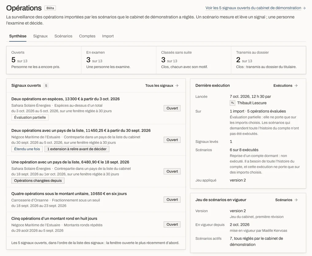 Écran de l’application : Opérations. Données de démonstration.